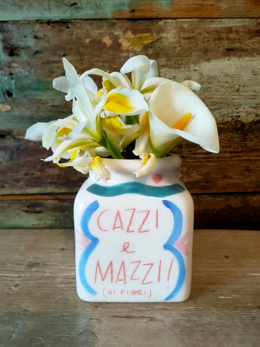 Vaso per fiori "Cazzi e Mazzi" grande, scritta rossa, in Ceramica Dipinta a Mano.