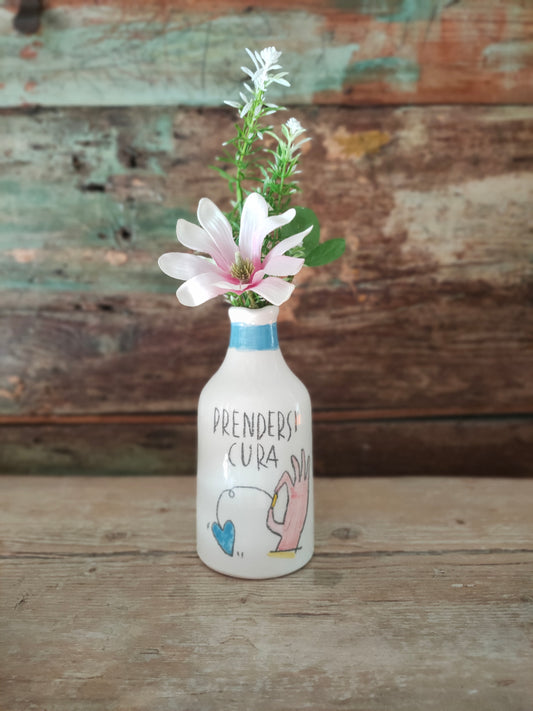Bottiglietta in Ceramica Dipinta a Mano "Prendersi Cura" *Blu*