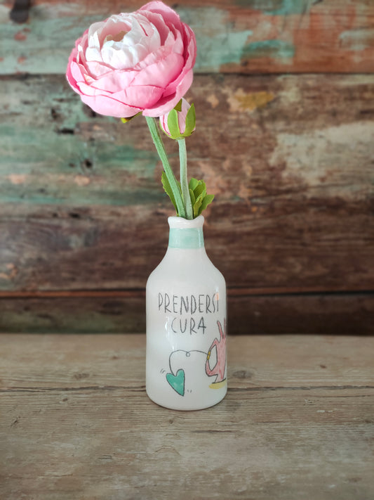 Bottiglietta in Ceramica Dipinta a Mano "Prendersi Cura" *Verde Acqua*