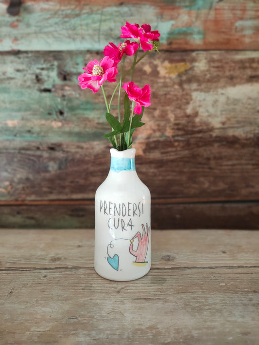 Bottiglietta in Ceramica Dipinta a Mano "Prendersi Cura" *Azzurro*