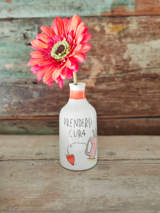 Bottiglietta in Ceramica Dipinta a Mano "Prendersi Cura" *Arancione*
