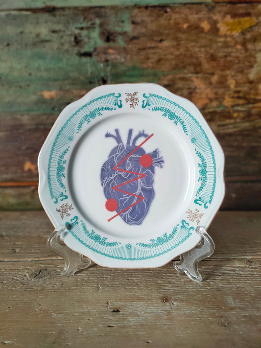 Piatto "Cuore Anatomico Viola" con bordo Oro e Verde Acqua