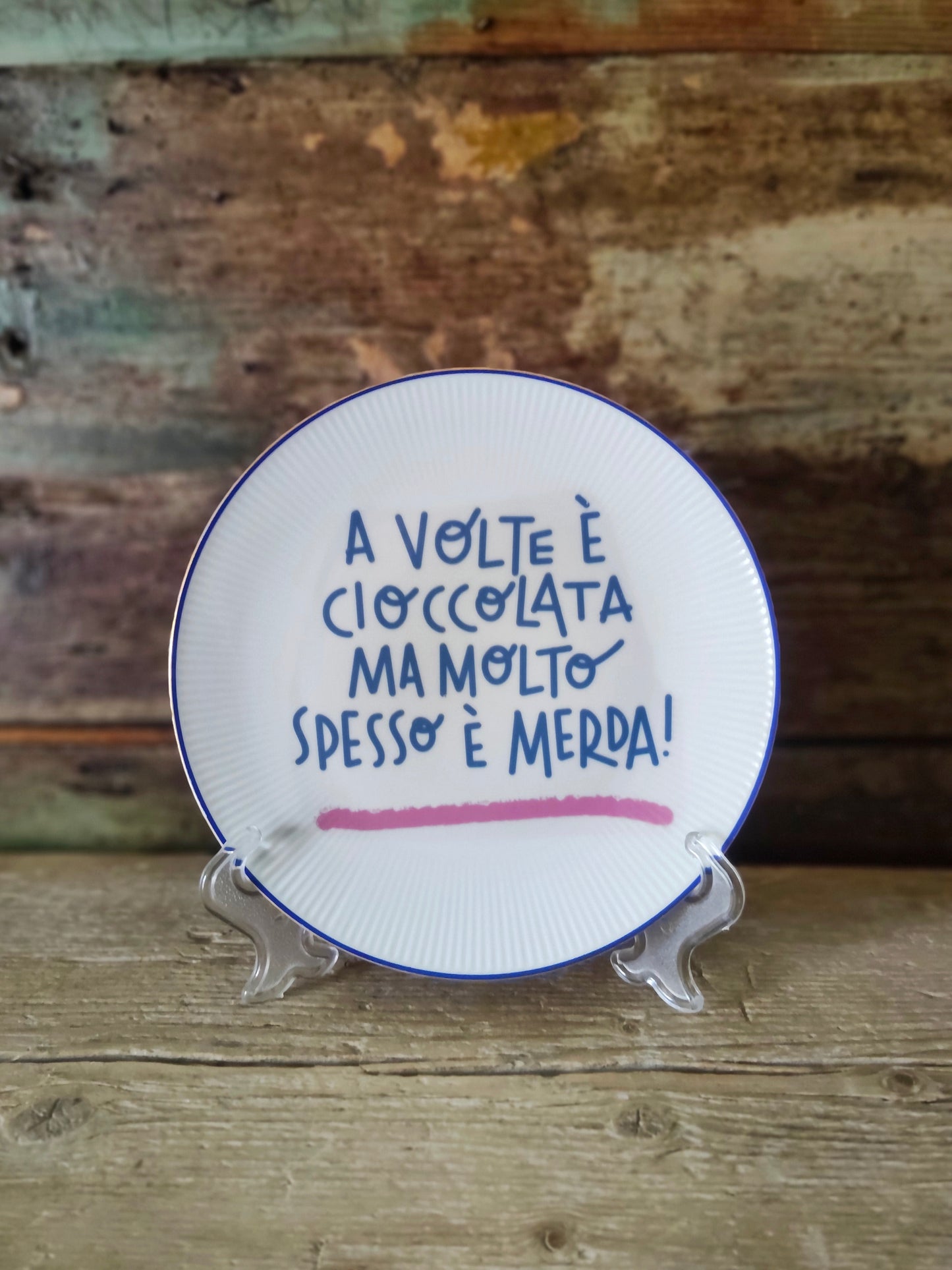 Piatto "A Volte è Cioccolata" con raggiera e bordo Blu